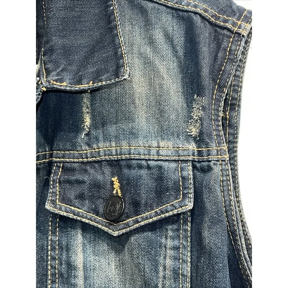 i LINK Dark Wash Distressed Button Down Denim Jean Vest Large‎ Y2K
